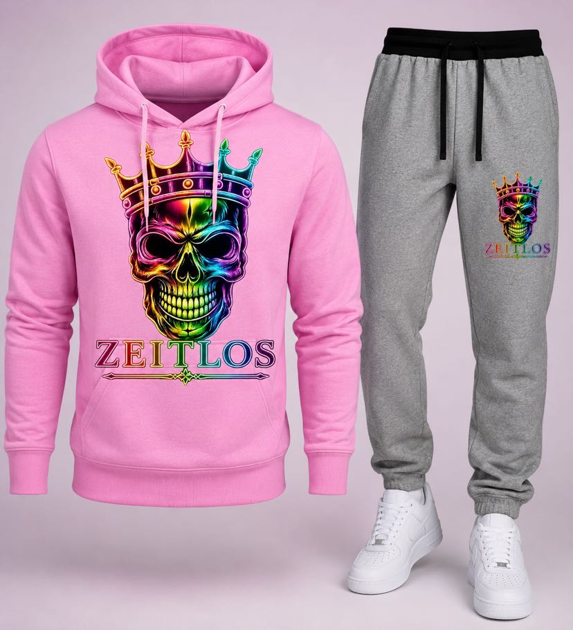 Hoodie-Set Gekrönter Totenkopf — Neon, Pink/Grau
