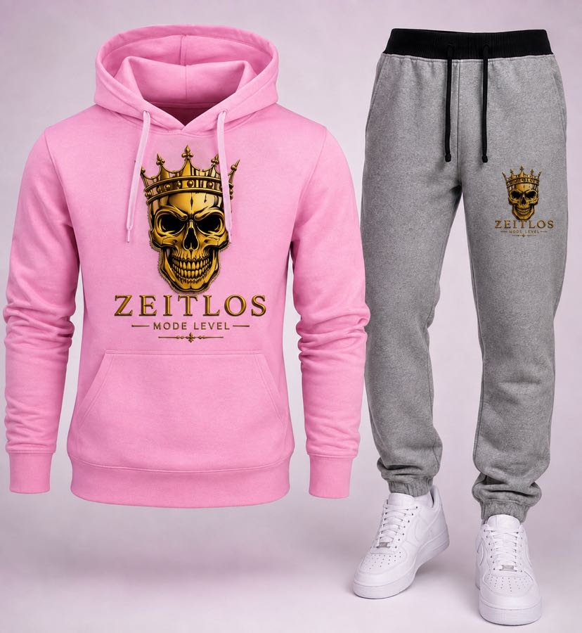 Hoodie-Set Gekrönter Totenkopf — Gold, Pink/Grau