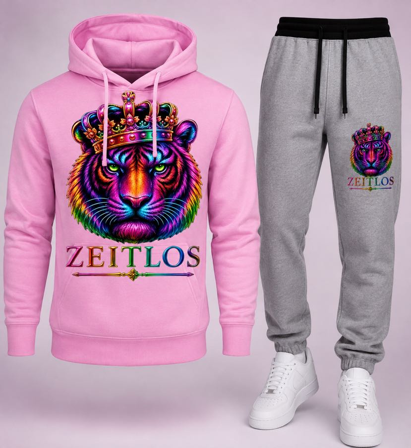 Hoodie-Set Gekrönter Tiger — Neon, Pink/Grau