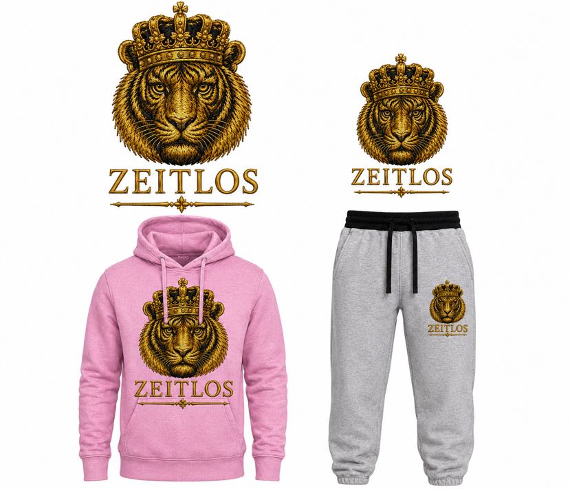 Hoodie-Set Gekrönter Tiger — Gold, Pink/Grau